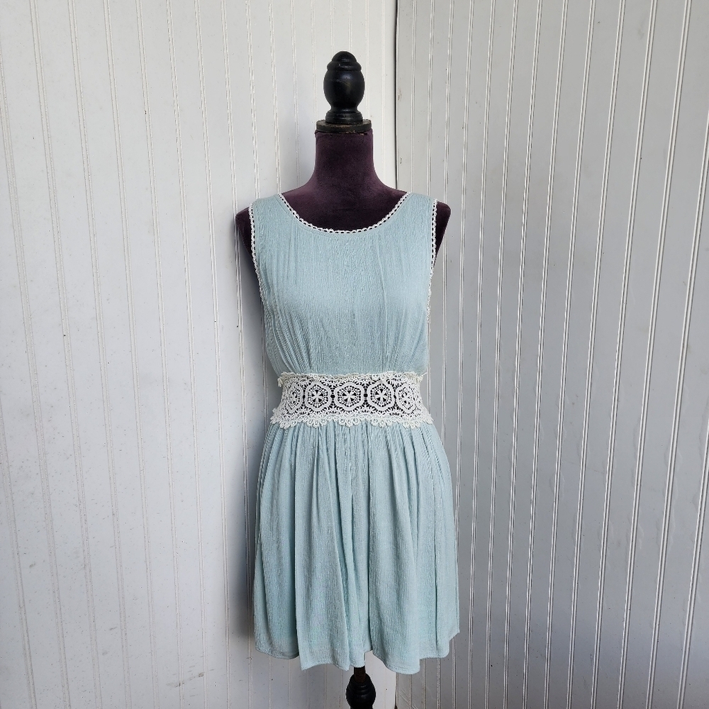 Jodifl Womens Aqua Blue Sleeveless Dress Women’s Ivory Lace Trim Rayon Sz S